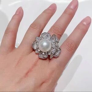 Luxe Pearl Blossom Ring | Statement Diamond Flower Design